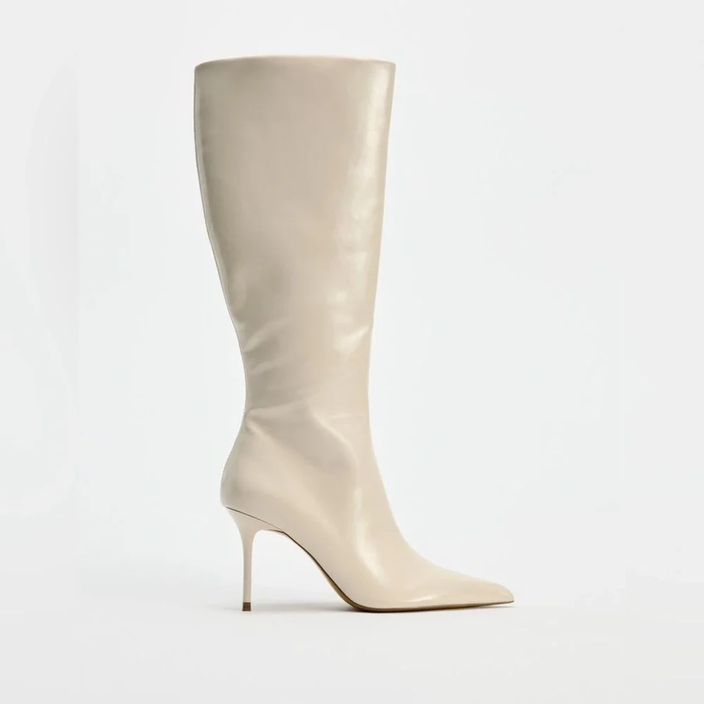 NWT. Zara White Knee High Heel Boots. Size 10. - Picture 1 of 8